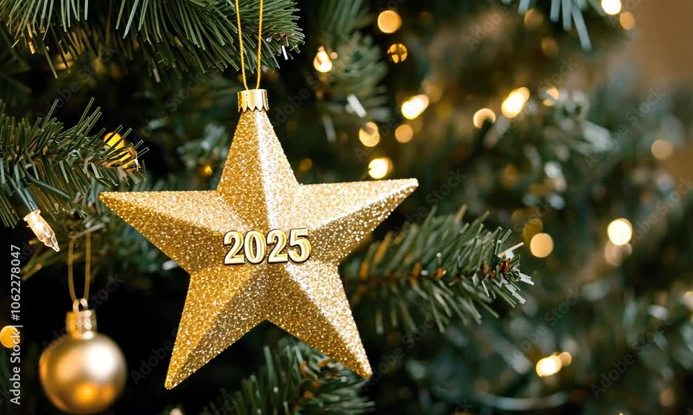 A sparkling golden star ornament shines bright on a beautifully decorated Christmas tree during the joyful holiday season of 2025 A sparkling golden star ornament shines bright on a beautifully decorated Christmas tree during the joyful holiday season of 2025