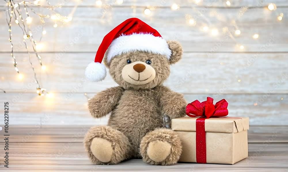Cozy winter vibes with a festive teddy bear and a beautifully wrapped gift amidst twinkling lights Cozy winter vibes with a festive teddy bear and a beautifully wrapped gift amidst twinkling lights