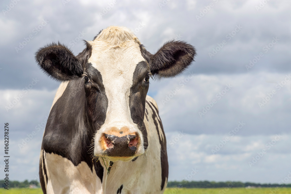 Close cow, black and white friendly approaching looking, pink nose, in front of a country landscape and a blue sky