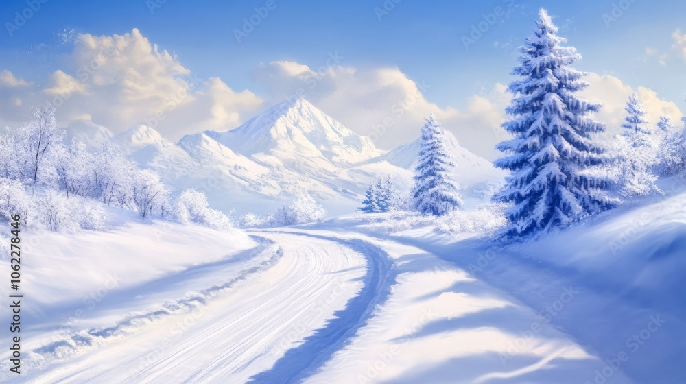 Fototapeta premium Empty road illustration on a snowy day