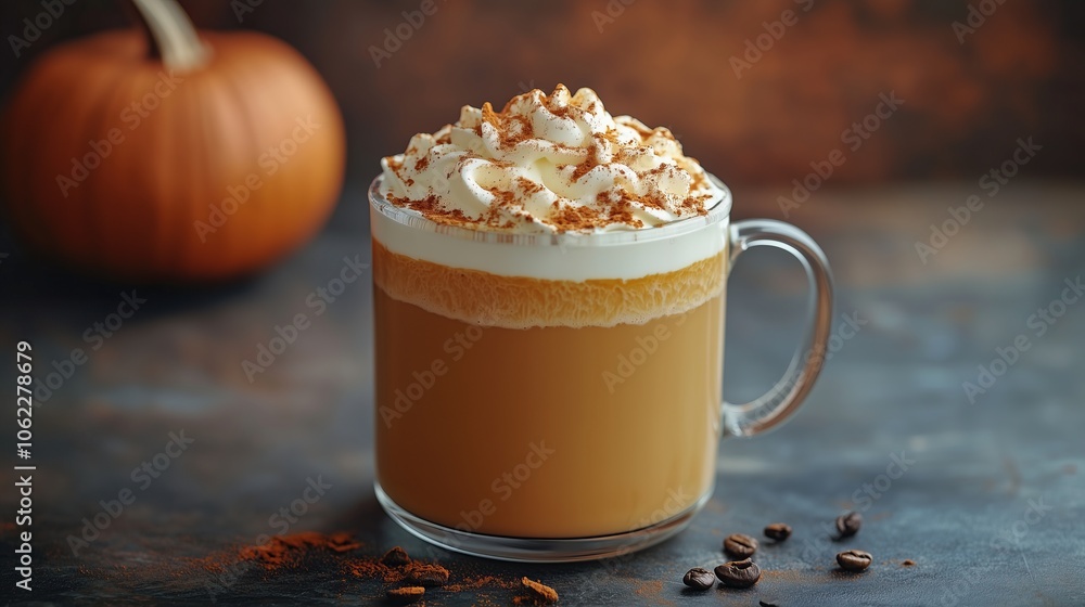 Fall autumn spicy pumpkin with cream latte glass mug Fall autumn spicy pumpkin with cream latte glass mug