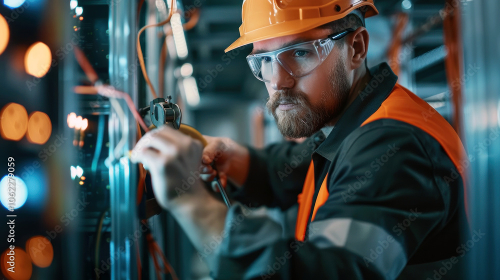 Caucasian male electrician working on an electrical panel, focused and equipped with safety gear. Caucasian male electrician working on an electrical panel, focused and equipped with safety gear.