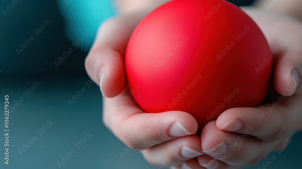 Hands gently holding a vibrant red ball against a soft-focus background, AI Hands gently holding a vibrant red ball against a soft-focus background, AI