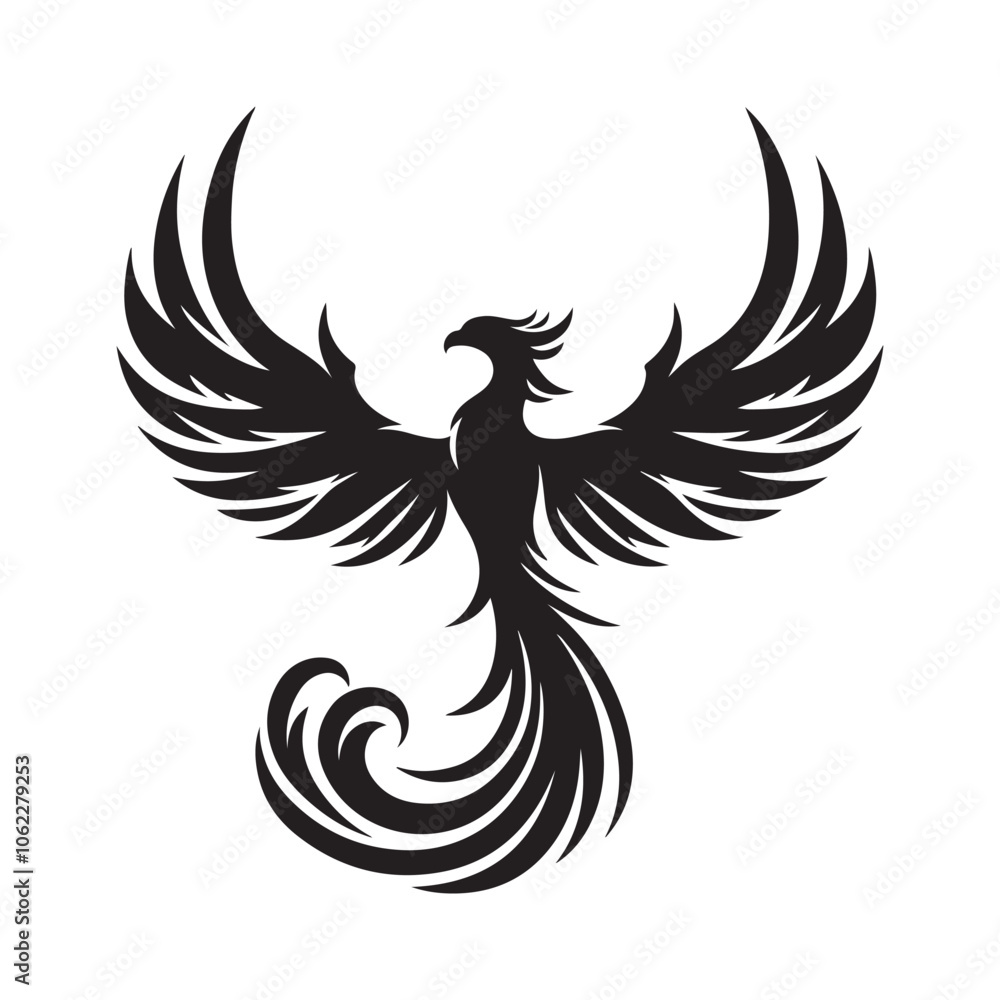 Obraz premium Phoenix rising Silhouette vector black color and solid white background