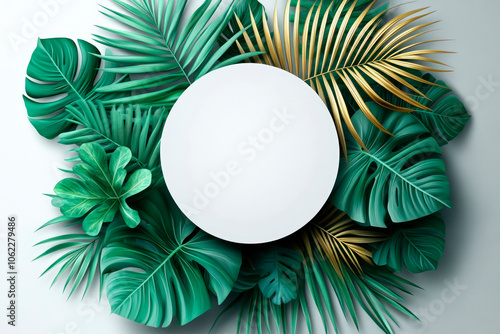 A white circle surrounded by green tropical leaves and gold palm fronds, flat design.