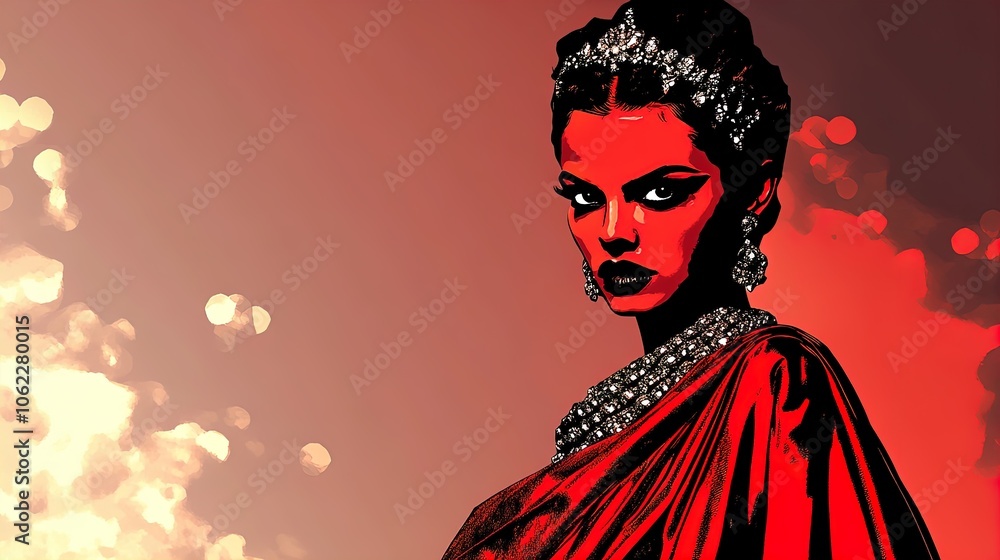 Fototapeta premium Radiant Young Queen in Colorful Ceremonial Robes: A Stunning Poster for Sports Interiors, Showcasing Traditional Beadwork and Ethereal Glow for an Inspiring Atmosphere