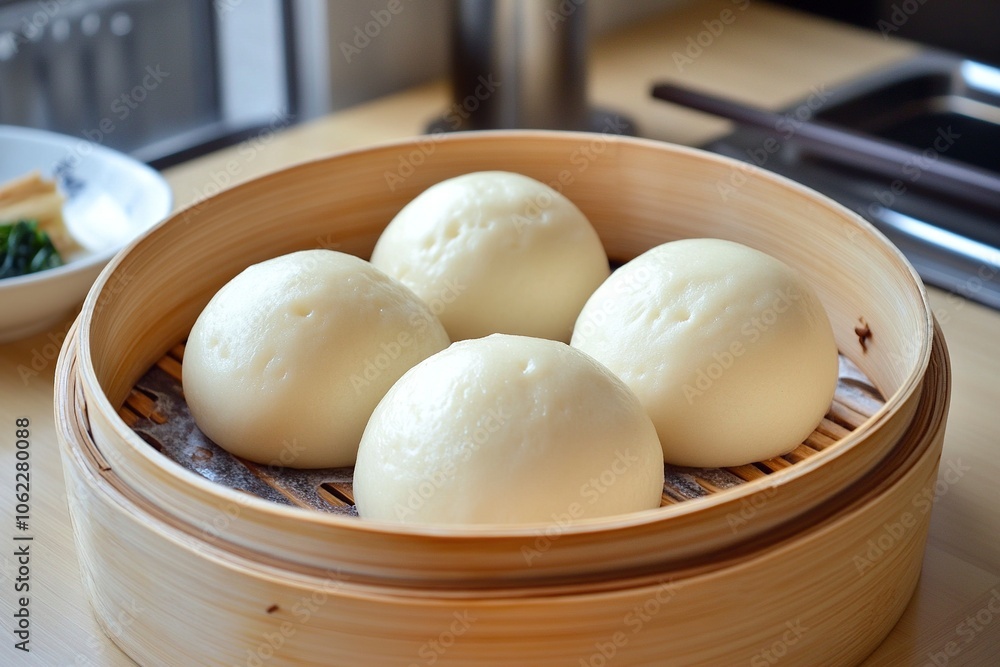 4 steamed buns of the same size, in a cute panda shape, need to have a dough-like appearance and are stored on a simple dining table. generative ai 4 steamed buns of the same size, in a cute panda shape, need to have a dough-like appearance and are stored on a simple dining table. generative ai