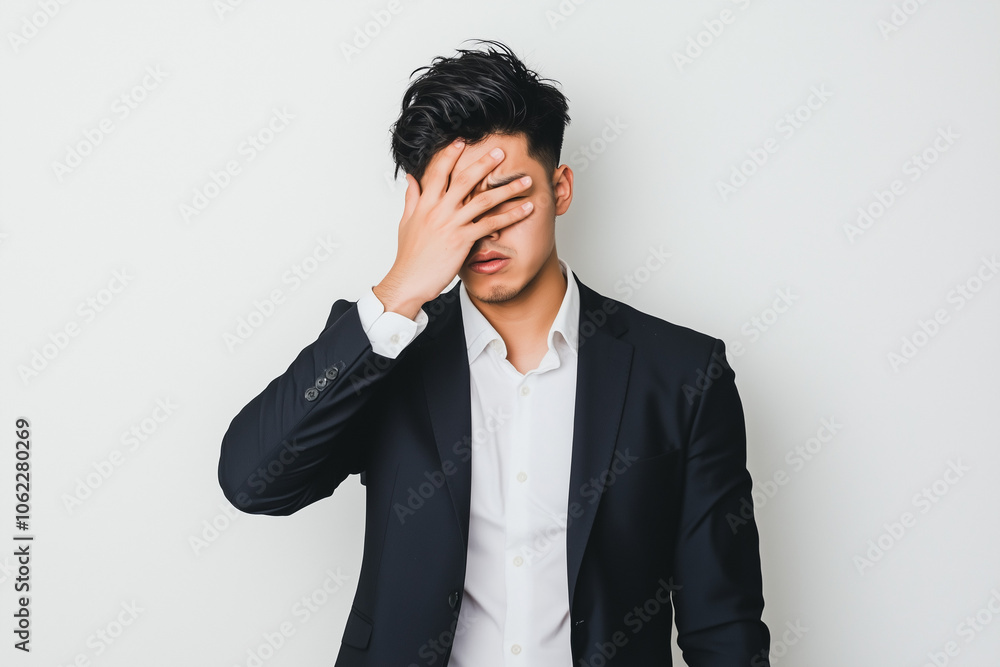 A young Japanese businessman in a suit covering his face with one hand, appearing frustrated or stressed, standing against a plain white background A young Japanese businessman in a suit covering his face with one hand, appearing frustrated or stressed, standing against a plain white background