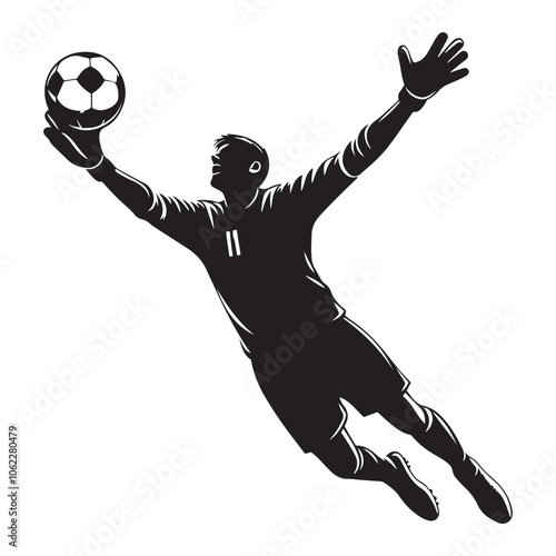 Soccer goalie catching ball Silhouette  vector black color and solid white background