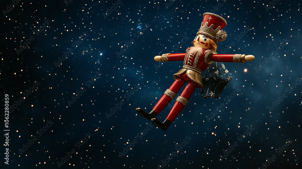 Christmas Nutcracker Soldier Hovering in Mid-Air, Marching Slowly Across a Starry Night Sky Christmas Nutcracker Soldier Hovering in Mid-Air, Marching Slowly Across a Starry Night Sky