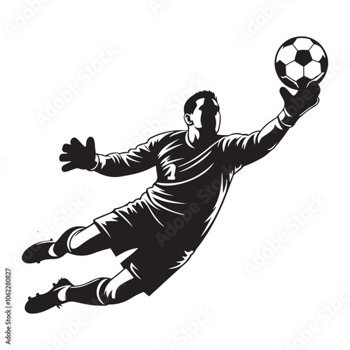 Soccer goalie catching ball Silhouette  vector black color and solid white background