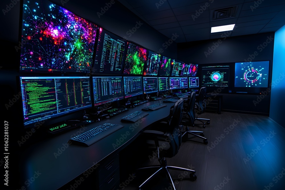 A modern data center with rows of monitors.