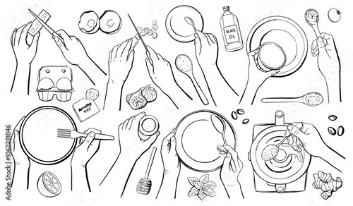 Cooking Human Hands Gestures Line Vector Illustration Set