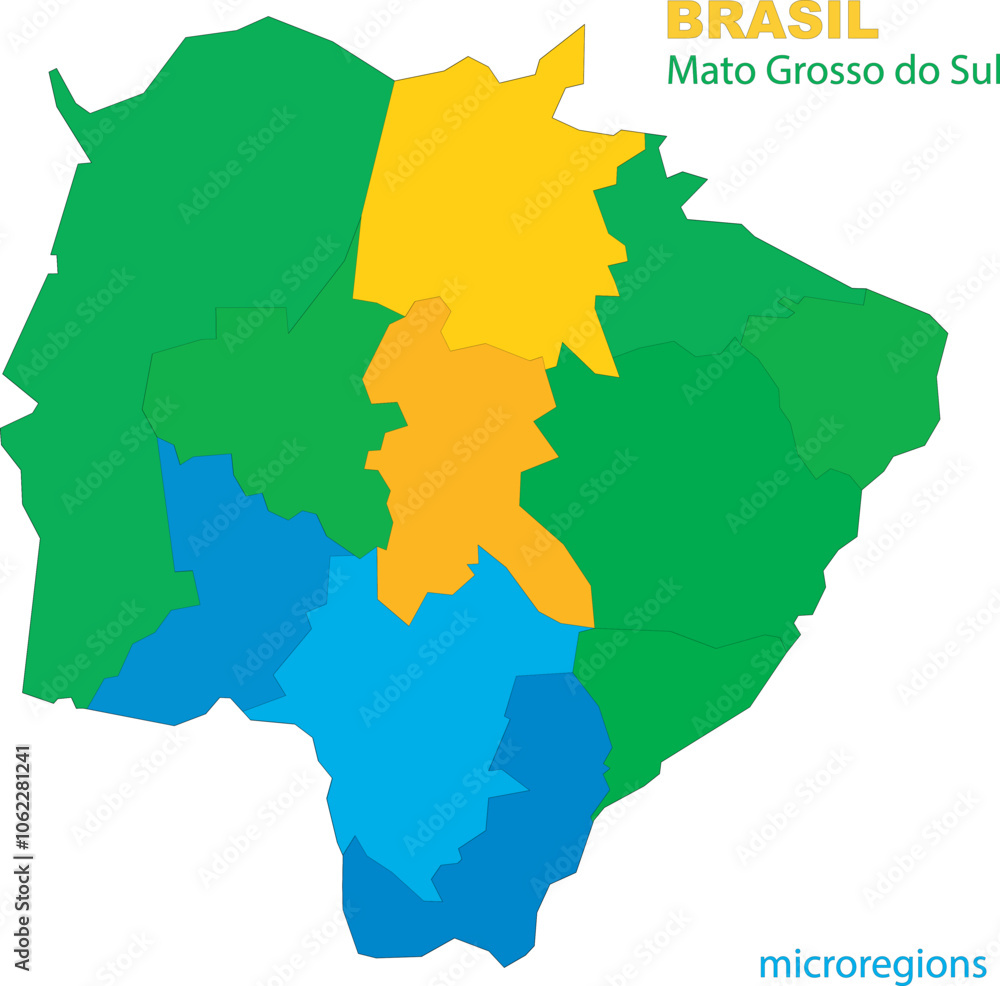 Obraz premium Map of the territory of the state of Mato Grosso do Sul with divisions by highlighted microregions, vector with simple lines of political divisions