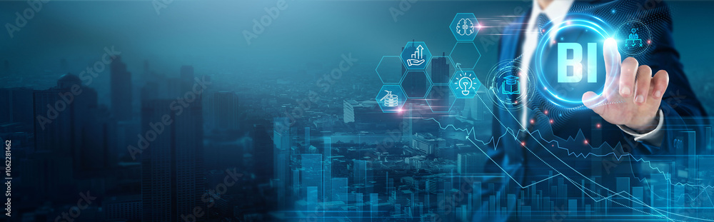 Naklejka premium BI (Business Intelligence): Data analysis, reporting tools, dashboard insights, data visualization, predictive analytics, decision-making support, businessman touch business intelligence network.