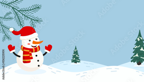 Cheerful snowman in a winter landscape wearing a Santa hat and scarf surrounded by evergreen trees