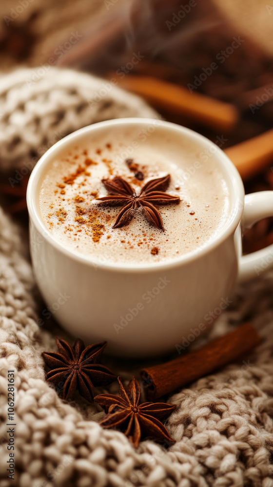 Close-up of a steaming cup of chai tea with Thanksgiving spices and cozy blanket Close-up of a steaming cup of chai tea with Thanksgiving spices and cozy blanket