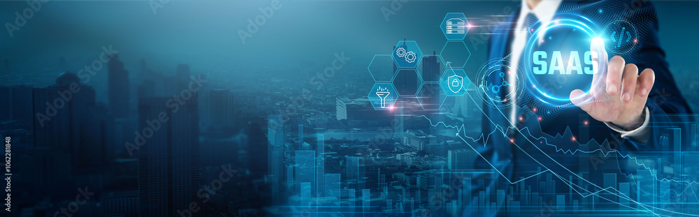 SaaS (Software as a Service): Cloud computing, subscription model, scalability, collaboration tools, accessibility, integration capabilities, Businessman touch SaaS network, innovation. SaaS (Software as a Service): Cloud computing, subscription model, scalability, collaboration tools, accessibility, integration capabilities, Businessman touch SaaS network, innovation.
