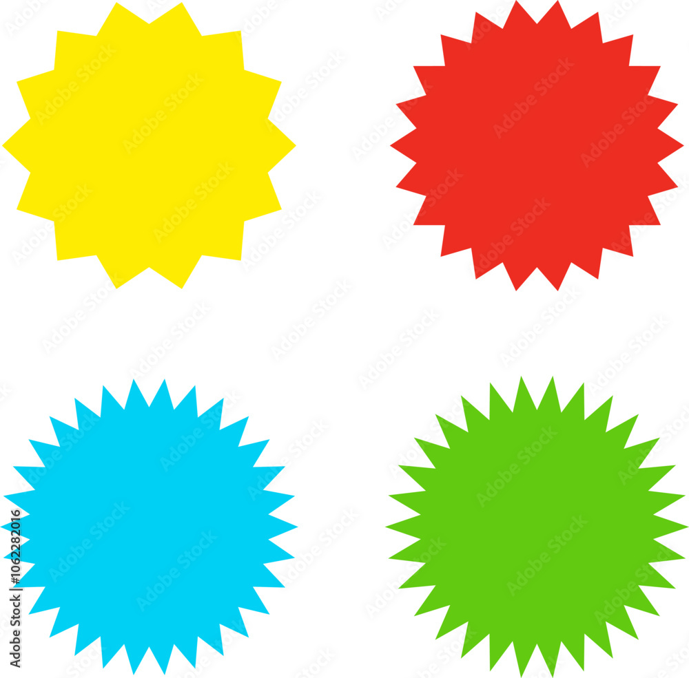 Different color starburst sunburst badges shapes, sticker set vector. Collection of special offer sale oval and round shaped sunburst labels and badges. Promo stickers with star edges. Different color starburst sunburst badges shapes, sticker set vector. Collection of special offer sale oval and round shaped sunburst labels and badges. Promo stickers with star edges.