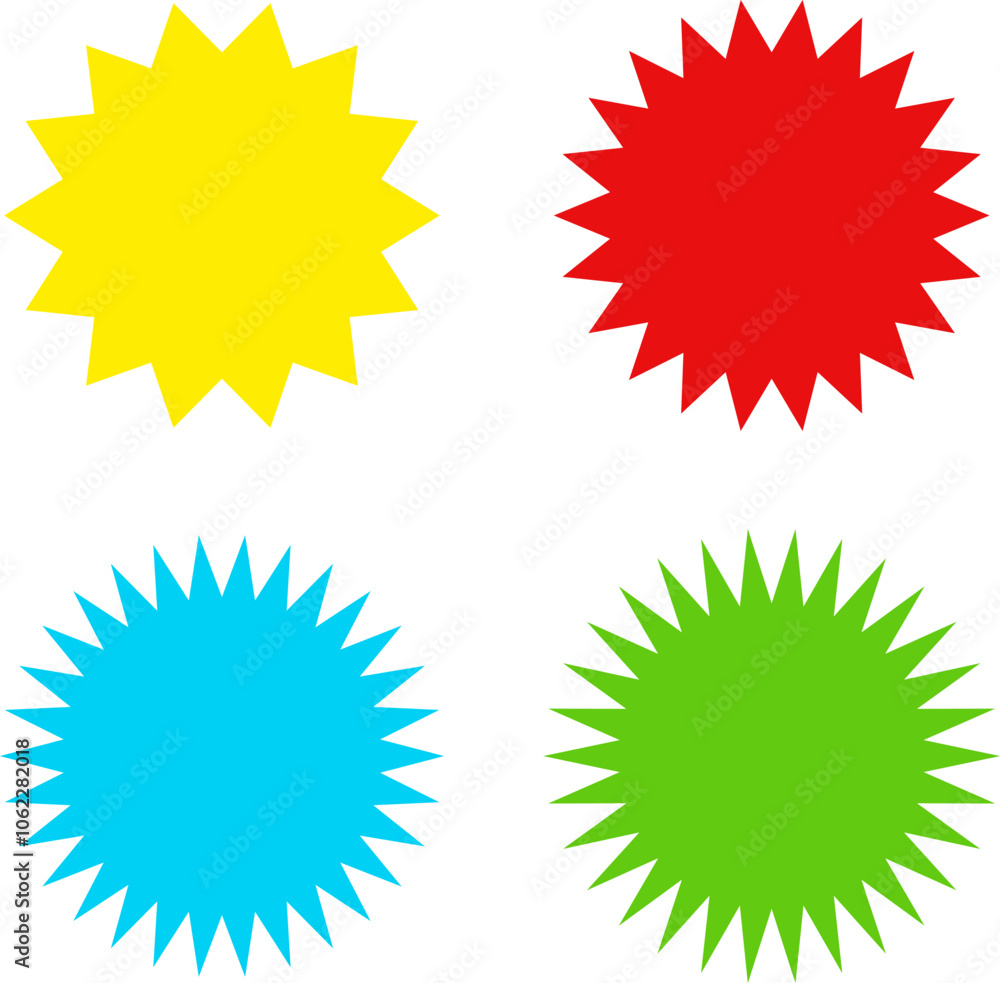 Different color starburst sunburst badges shapes, sticker set vector. Collection of special offer sale oval and round shaped sunburst labels and badges. Promo stickers with star edges. Different color starburst sunburst badges shapes, sticker set vector. Collection of special offer sale oval and round shaped sunburst labels and badges. Promo stickers with star edges.