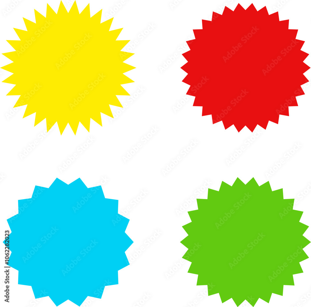 Different color starburst sunburst badges shapes, sticker set vector. Collection of special offer sale oval and round shaped sunburst labels and badges. Promo stickers with star edges. Different color starburst sunburst badges shapes, sticker set vector. Collection of special offer sale oval and round shaped sunburst labels and badges. Promo stickers with star edges.