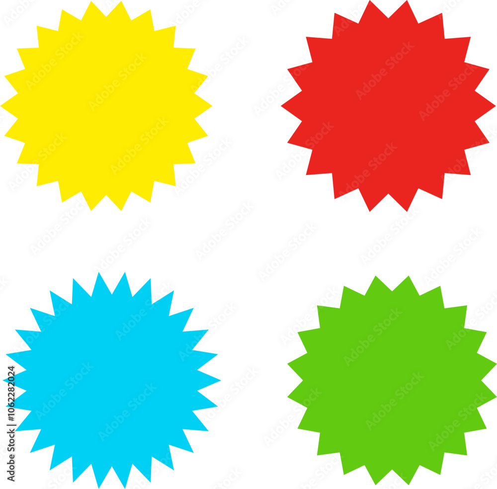 Different color starburst sunburst badges shapes, sticker set vector. Collection of special offer sale oval and round shaped sunburst labels and badges. Promo stickers with star edges. Different color starburst sunburst badges shapes, sticker set vector. Collection of special offer sale oval and round shaped sunburst labels and badges. Promo stickers with star edges.
