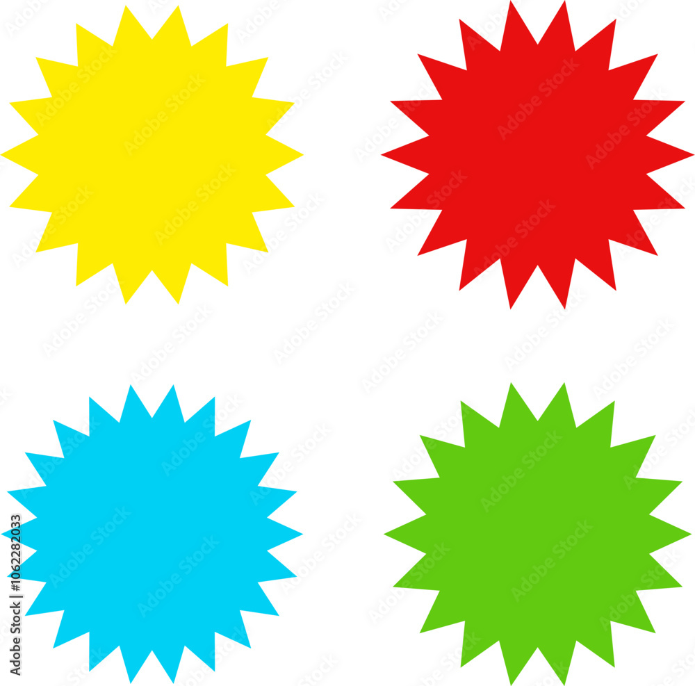 Different color starburst sunburst badges shapes, sticker set vector. Collection of special offer sale oval and round shaped sunburst labels and badges. Promo stickers with star edges. Different color starburst sunburst badges shapes, sticker set vector. Collection of special offer sale oval and round shaped sunburst labels and badges. Promo stickers with star edges.