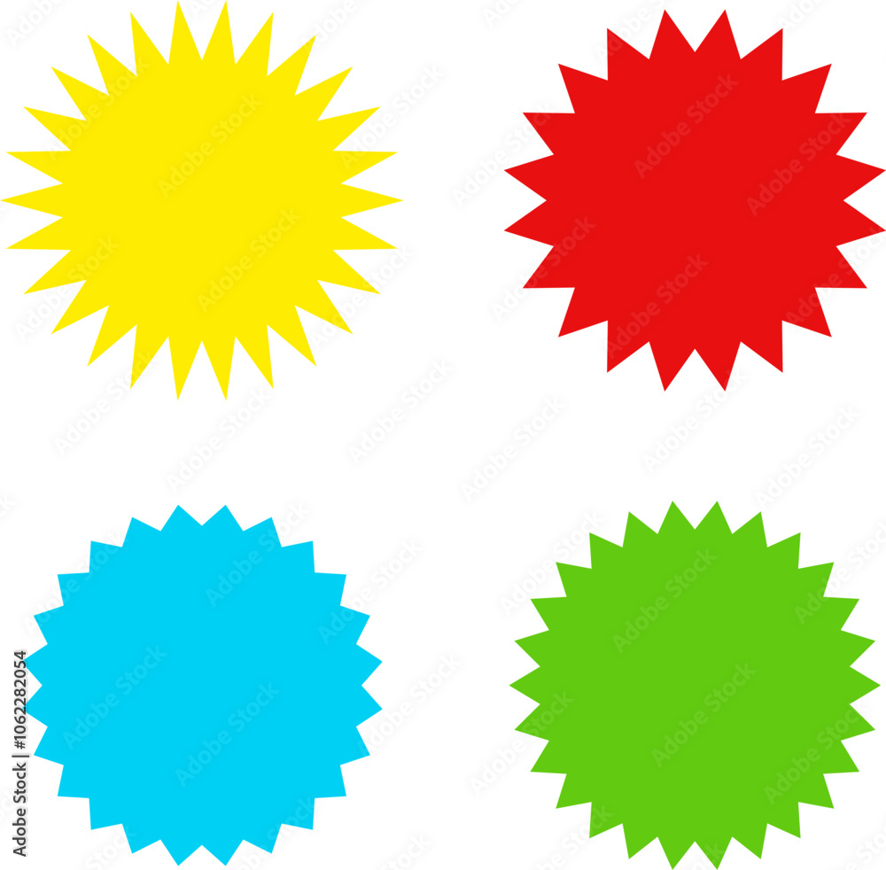 Different color starburst sunburst badges shapes, sticker set vector. Collection of special offer sale oval and round shaped sunburst labels and badges. Promo stickers with star edges. Different color starburst sunburst badges shapes, sticker set vector. Collection of special offer sale oval and round shaped sunburst labels and badges. Promo stickers with star edges.