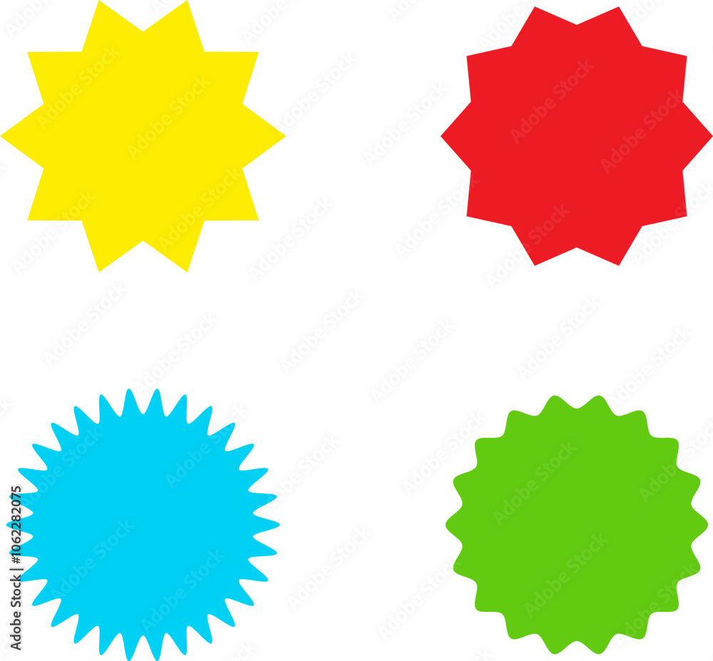 Different color starburst sunburst badges shapes, sticker set vector. Collection of special offer sale oval and round shaped sunburst labels and badges. Promo stickers with star edges. Different color starburst sunburst badges shapes, sticker set vector. Collection of special offer sale oval and round shaped sunburst labels and badges. Promo stickers with star edges.