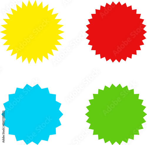 Different color starburst sunburst badges shapes, sticker set vector. Collection of special offer sale oval and round shaped sunburst labels and badges. Promo stickers with star edges. photo