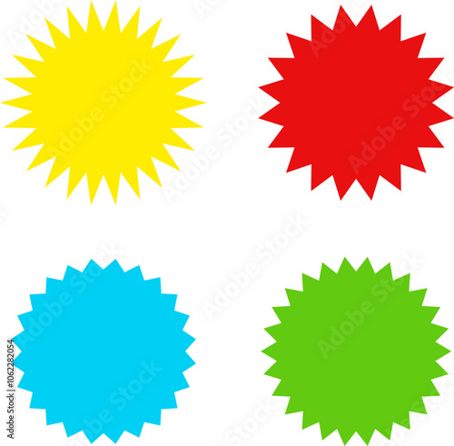 Different color starburst sunburst badges shapes, sticker set vector. Collection of special offer sale oval and round shaped sunburst labels and badges. Promo stickers with star edges. photo