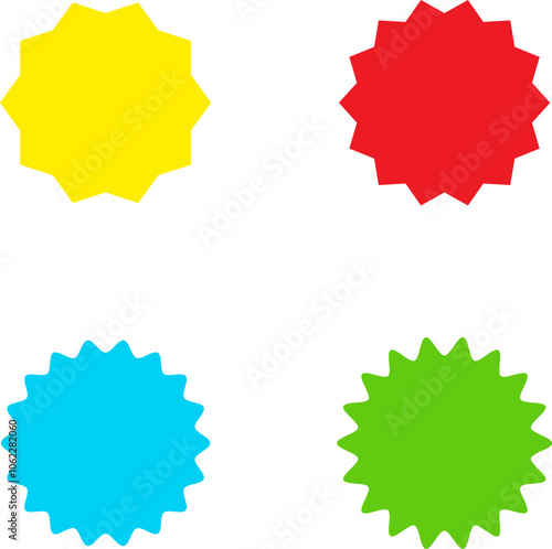 Different color starburst sunburst badges shapes, sticker set vector. Collection of special offer sale oval and round shaped sunburst labels and badges. Promo stickers with star edges. photo