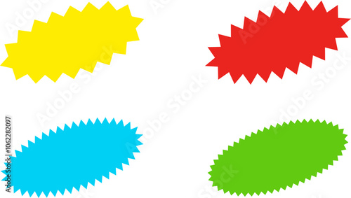Different color starburst sunburst badges shapes, sticker set vector. Collection of special offer sale oval and round shaped sunburst labels and badges. Promo stickers with star edges.
