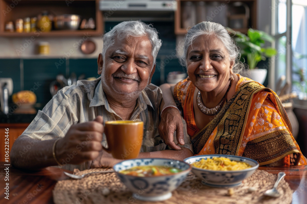 An elderly Indian couple smiling joyfully while having breakfast in their rustic kitchen, showcasing a moment of shared happiness. An elderly Indian couple smiling joyfully while having breakfast in their rustic kitchen, showcasing a moment of shared happiness.