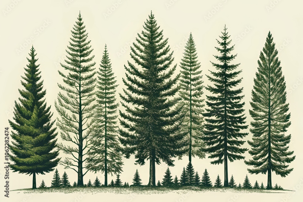 Obraz premium Vector Illustration of Pine and Spruce Trees in Line