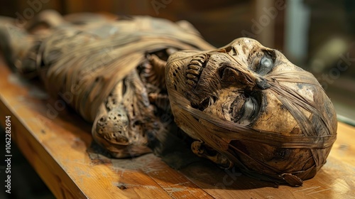 A person dressed as an ancient mummy explores Egyptian history in a museum exhibit