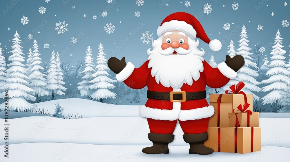 Cheerful Santa Claus with presents in a snowy winter landscape celebrating Christmas Cheerful Santa Claus with presents in a snowy winter landscape celebrating Christmas