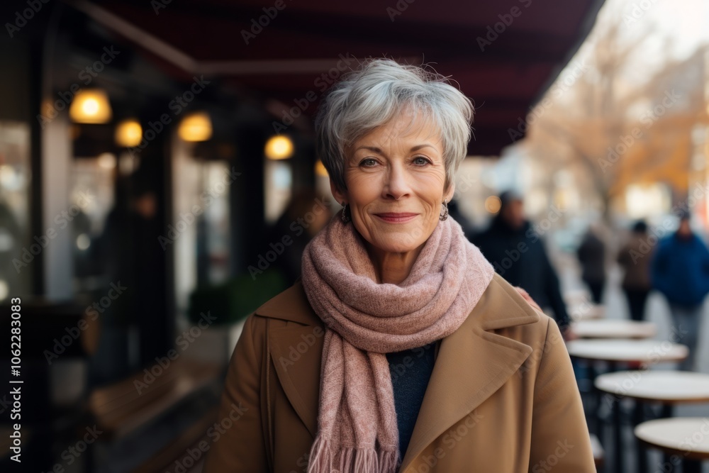Portrait of a beautiful senior woman in coat and scarf in the city Portrait of a beautiful senior woman in coat and scarf in the city