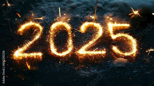 "2025", the numbers written with sparklers on a black background, a New Year concept.,generative ai