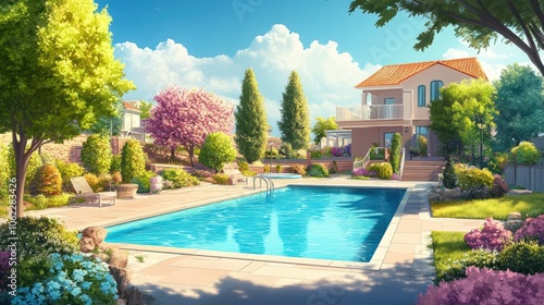 Backyard of residential complex with garden and swimming pool with trees around on sunny day.