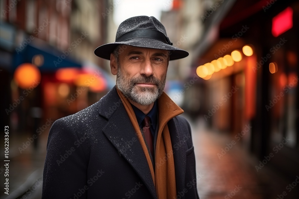 Handsome middle aged man in a coat and hat on a city street. Handsome middle aged man in a coat and hat on a city street.