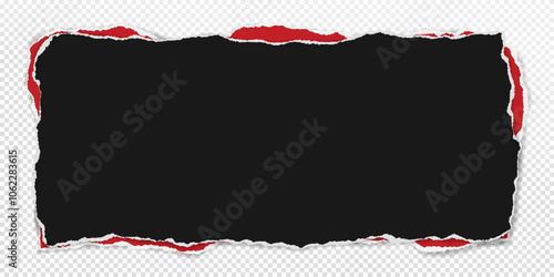 Black, red pieces of paper with torn edges and soft shadow are on transparent background for text or ad.