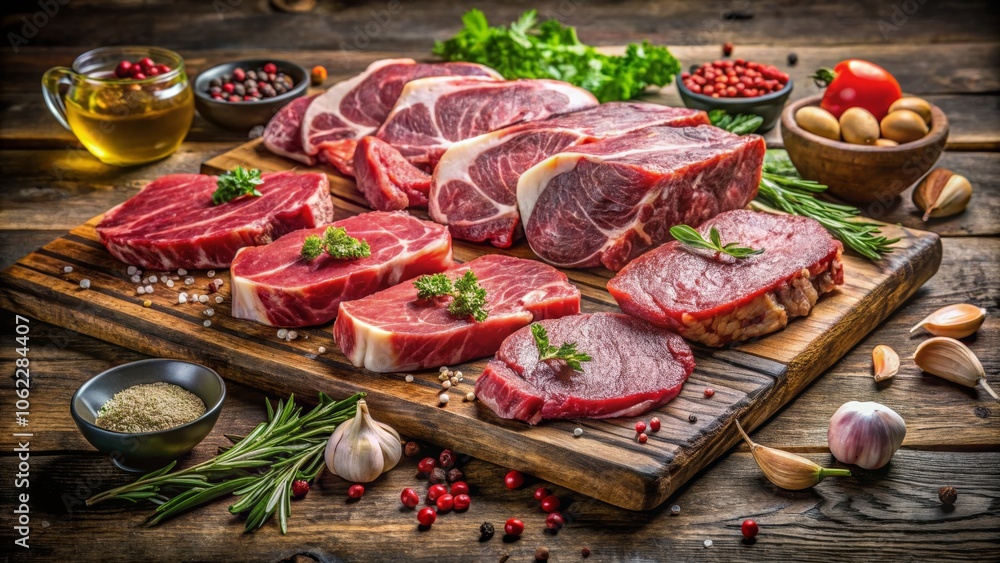 High-Quality Meat Selection on Wooden Butcher Board High-Quality Meat Selection on Wooden Butcher Board