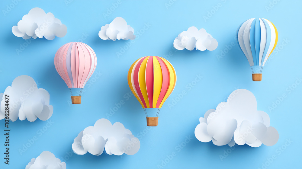 Obraz premium Colorful hot air balloons floating through a sky full of paper clouds, symbolizing adventure and dreams.