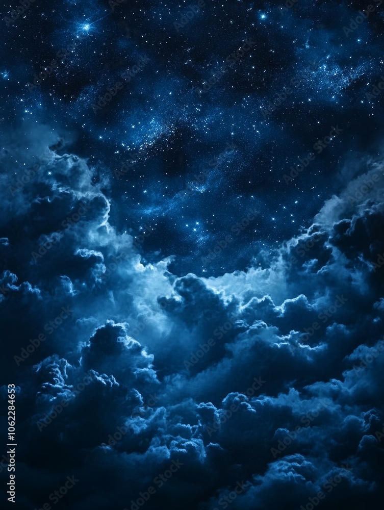 Fototapeta premium A mesmerizing night sky with a vast expanse of stars and clouds. The image captures the beauty of the celestial sphere with its shimmering lights and ethereal clouds. The dark blue tones create a sens