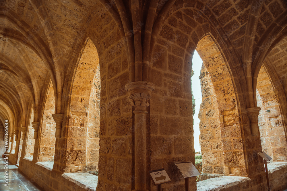 Obraz premium Serene Stone Archways of an Ancient Monastery Corridor