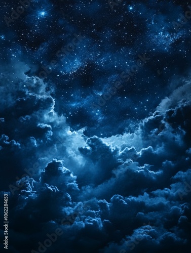 A mesmerizing night sky with a vast expanse of stars and clouds. The image captures the beauty of the celestial sphere with its shimmering lights and ethereal clouds. The dark blue tones create a sens