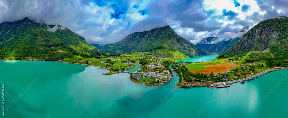 Luftbild Panorama von Skjolden in Norwegen am Sognefjord