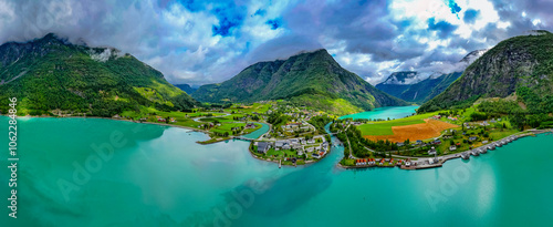 Obraz na płótnie Luftbild Panorama von Skjolden in Norwegen am Sognefjord w salonie