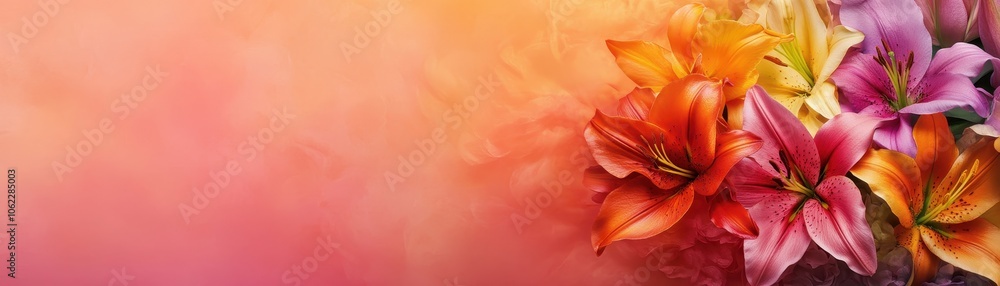 Fototapeta premium A vibrant floral arrangement featuring colorful lilies against a soft, warm gradient background.